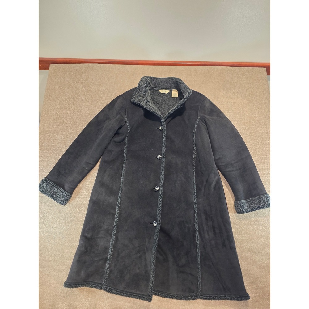 LL Bean Women Black Faux Suede Shearling Coat Sherpa Lined Jacket Large 0BCT4